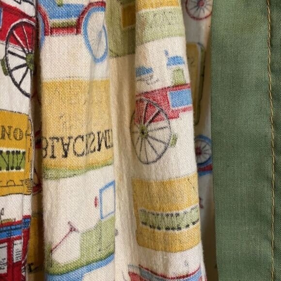 Vintage Handmade Apron Dress Quirky Antique Cars  Signs Print Green Trim Mid-Cal - Picture 5 of 10